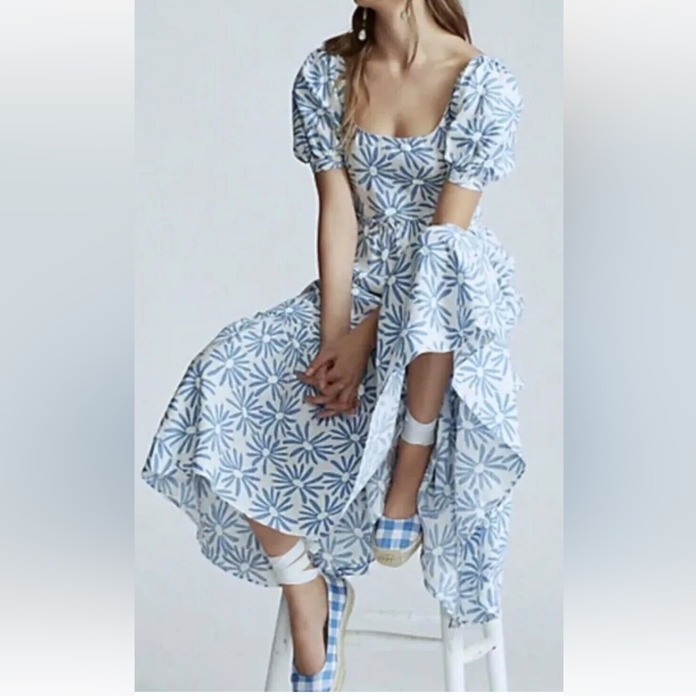 Polo by Ralph Lauren White and Light Blue Floral Puff-Sleeve Midi Dress